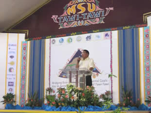 The Provincial Governor of Tawi-Tawi, Hon. Sadikul Sahali, Al.Haj. welcomes the participants to the Economic and Environment Summit at the Datu Amilbahar Jaafar Convention Center in Bongao, Tawi-Tawi